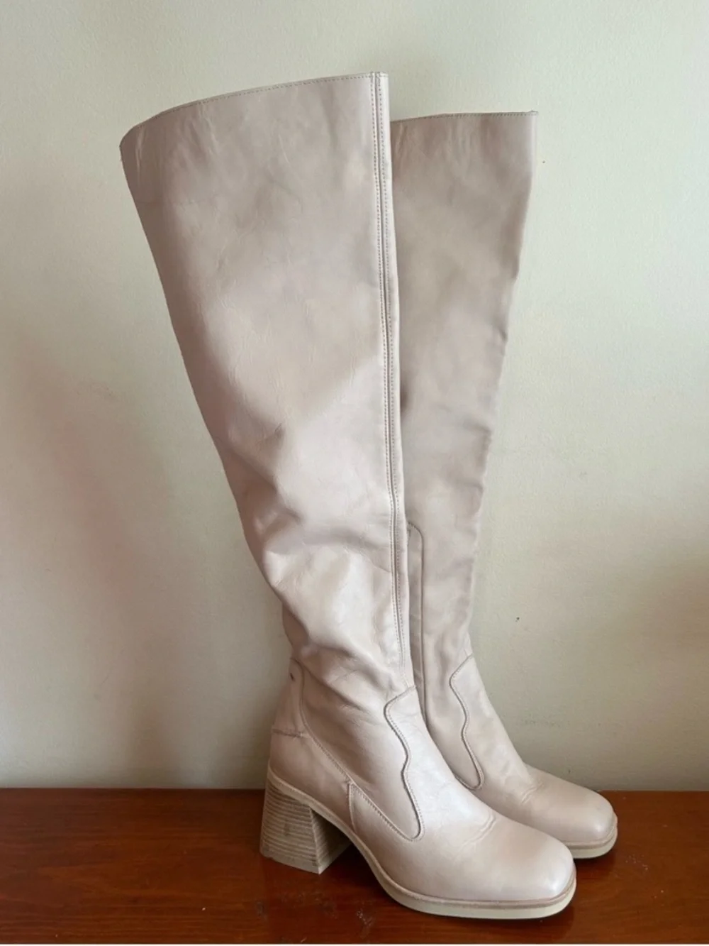 Free People Ivory Cream Leather Knee High Block Heel Boots EU 39.5 US 8.5